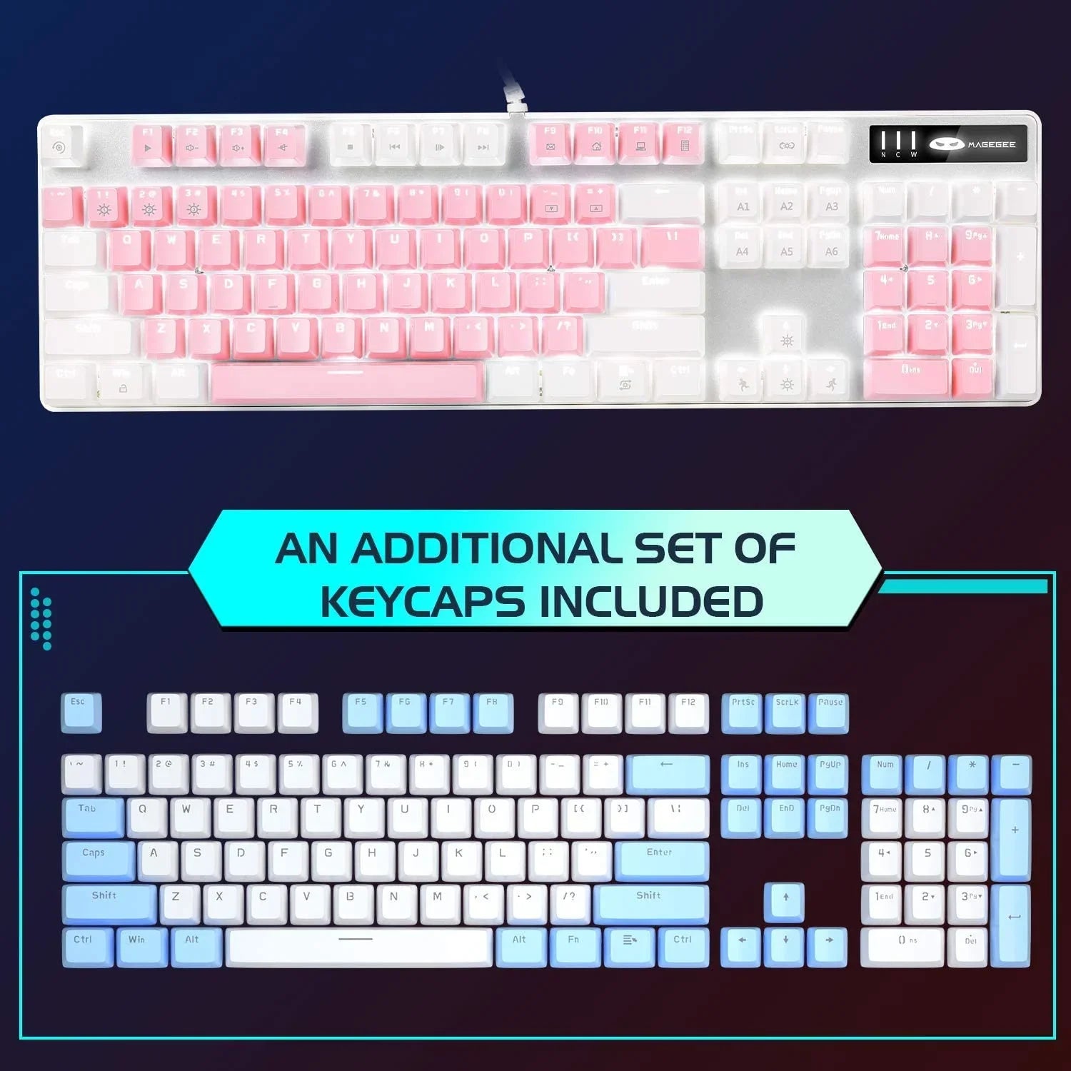 Mechanical gaming keyboard with white and pink keycaps and extra blue and white keycaps included