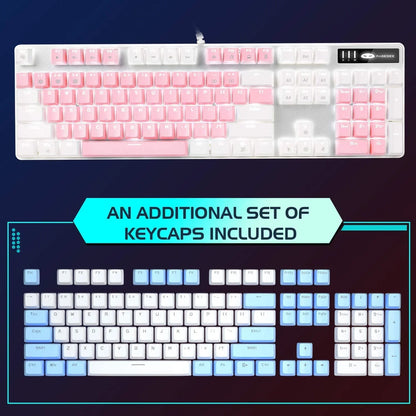 Mechanical gaming keyboard with white and pink keycaps and extra blue and white keycaps included