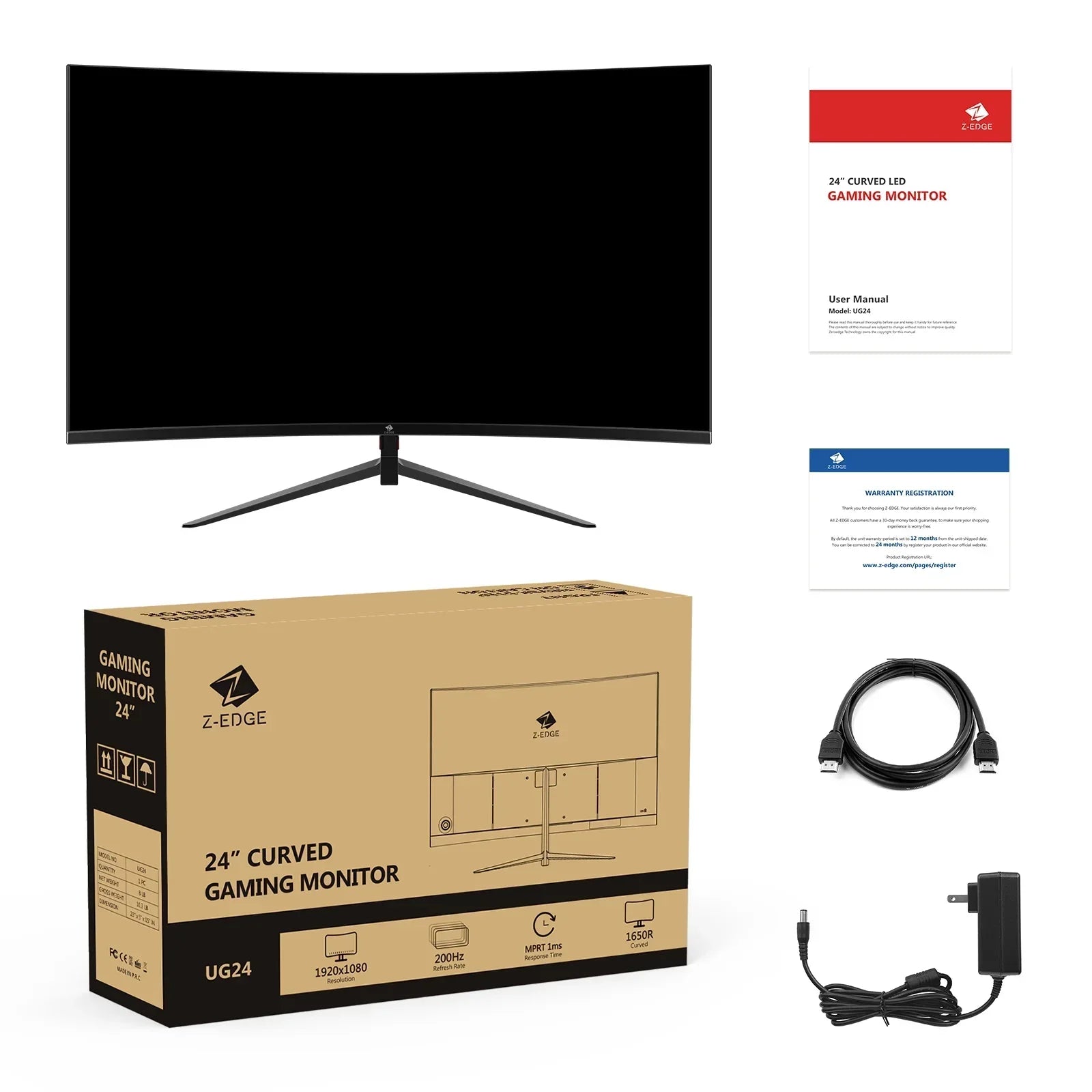 24-inch curved Z-EDGE gaming monitor with 1920x1080 resolution, 200Hz refresh rate, cables, and packaging