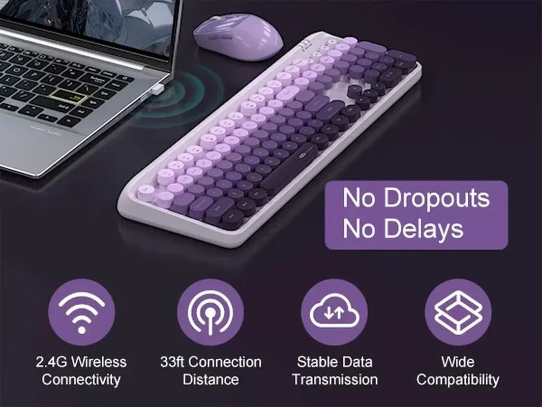 V920 Wireless Gaming Keyboard and Mouse Combo – Retro Purple Keyboard, Ergonomic Design, 2.4G, Whisper Quiet Keys, Adjustable DPI Mouse, Desk Accessories Office Supplies