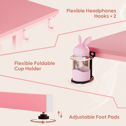 Pink desk accessories including flexible headphone hooks, foldable cup holder with bunny bottle, and adjustable foot pads