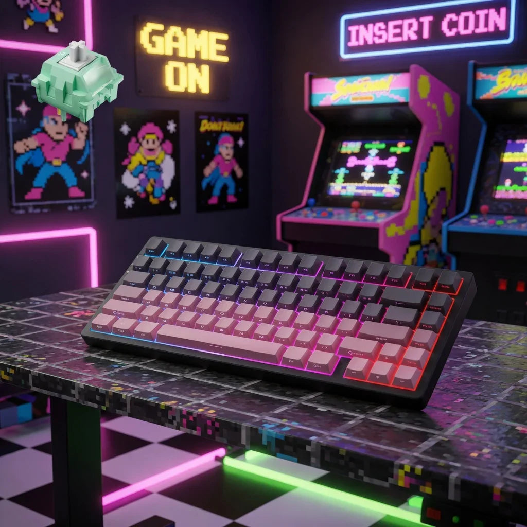 RGB gaming keyboard with retro 8-bit arcade backdrop, neon lights, and pixel art decor