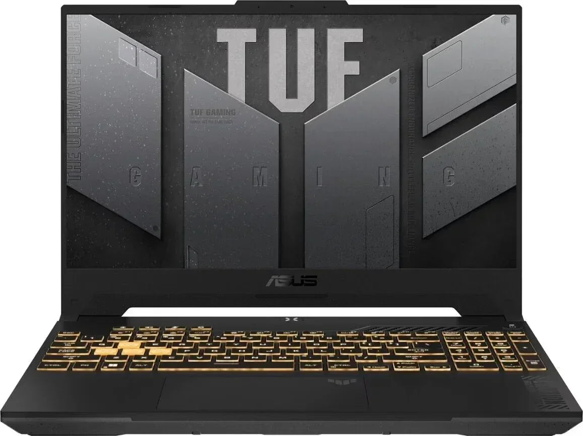ASUS TUF gaming laptop with illuminated yellow keyboard and TUF logo on screen
