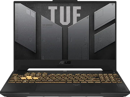 ASUS TUF gaming laptop with illuminated yellow keyboard and TUF logo on screen