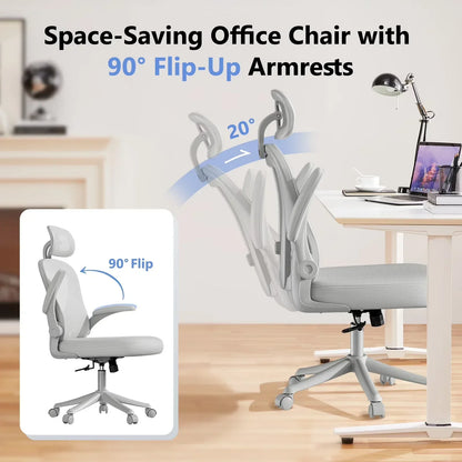 Gray ergonomic office chair with 90° flip-up armrests, ideal for gaming or work setups