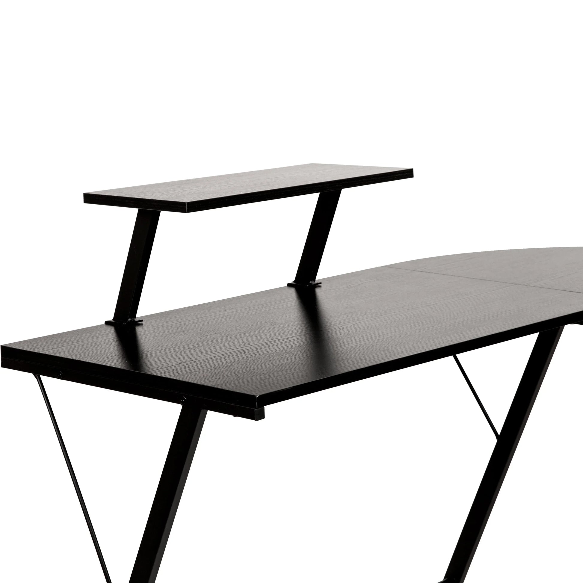 Modern black wooden desk with elevated shelf and angled metal legs