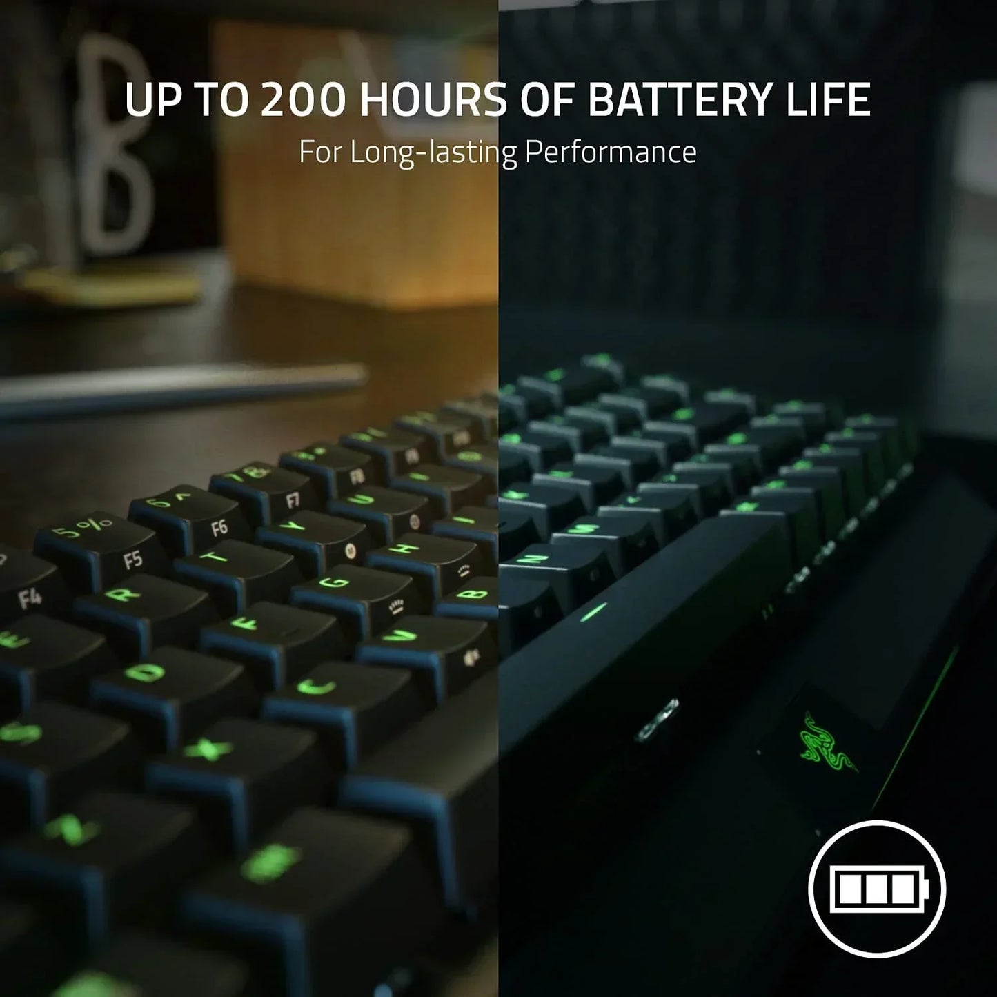 RGB gaming keyboard with green backlight and text 'up to 200 hours of battery life'