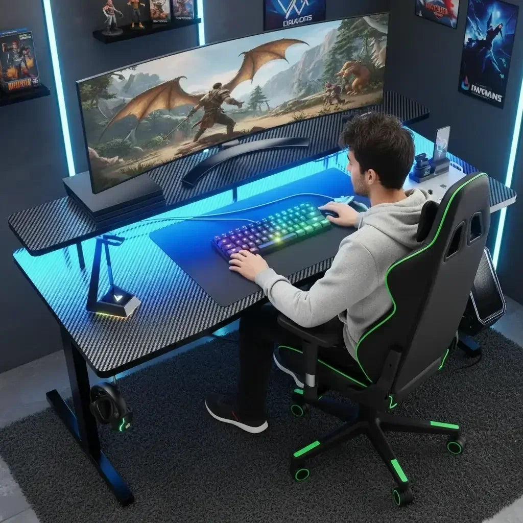 Gamer using RGB keyboard at carbon fiber gaming desk with ultrawide monitor displaying fantasy dragon game
