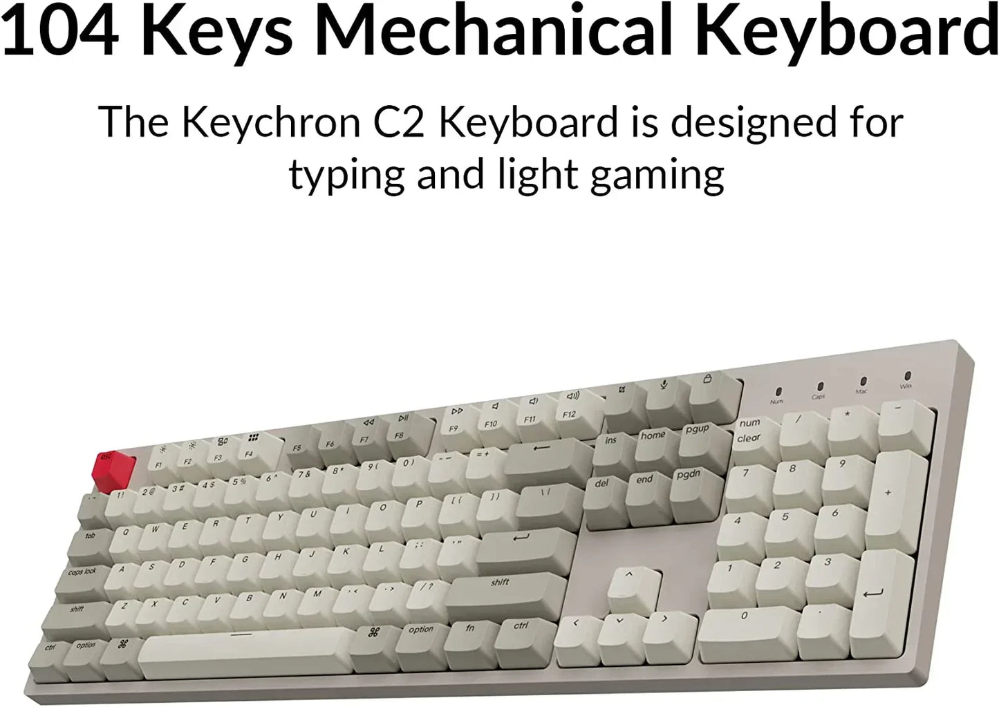 Keychron C2 104-key mechanical keyboard in white with red escape key, ideal for gaming and typing