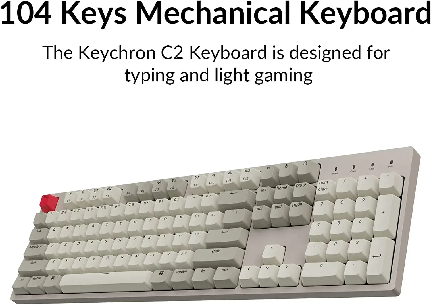 Keychron C2 104-key mechanical keyboard in white with red escape key, ideal for gaming and typing
