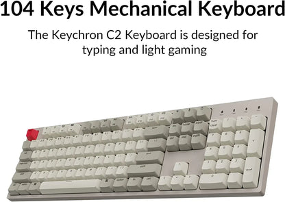 Keychron C2 104-key mechanical keyboard in white with red escape key, ideal for gaming and typing