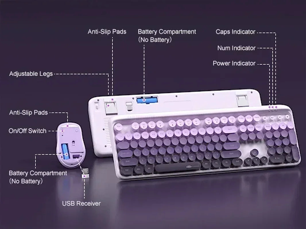 V920 Wireless Gaming Keyboard and Mouse Combo – Retro Purple Keyboard, Ergonomic Design, 2.4G, Whisper Quiet Keys, Adjustable DPI Mouse, Desk Accessories Office Supplies