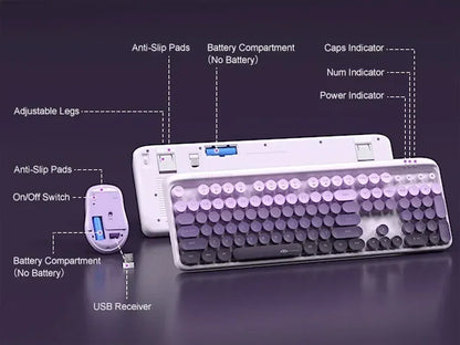 V920 Wireless Gaming Keyboard and Mouse Combo – Retro Purple Keyboard, Ergonomic Design, 2.4G, Whisper Quiet Keys, Adjustable DPI Mouse, Desk Accessories Office Supplies