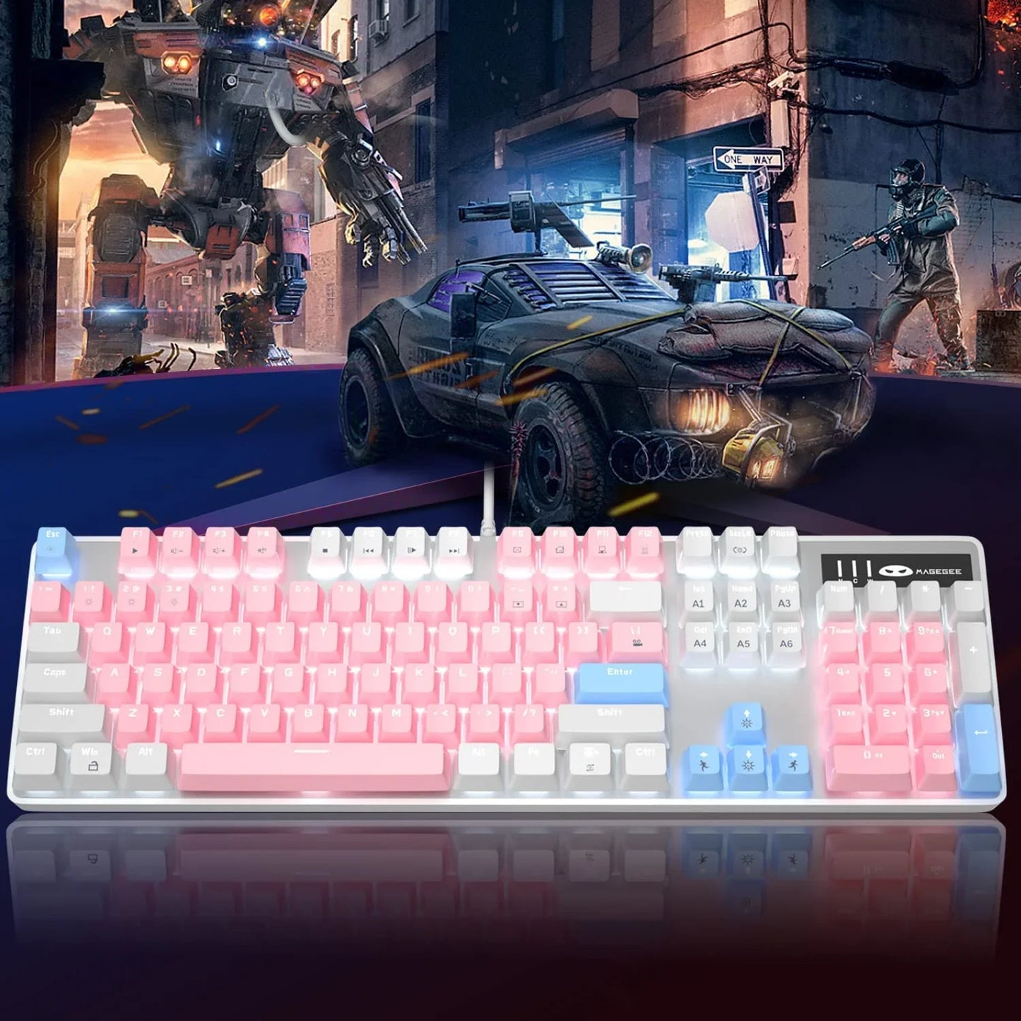 RGB mechanical gaming keyboard with pink and blue keys in front of a futuristic battle scene with robot and armored car