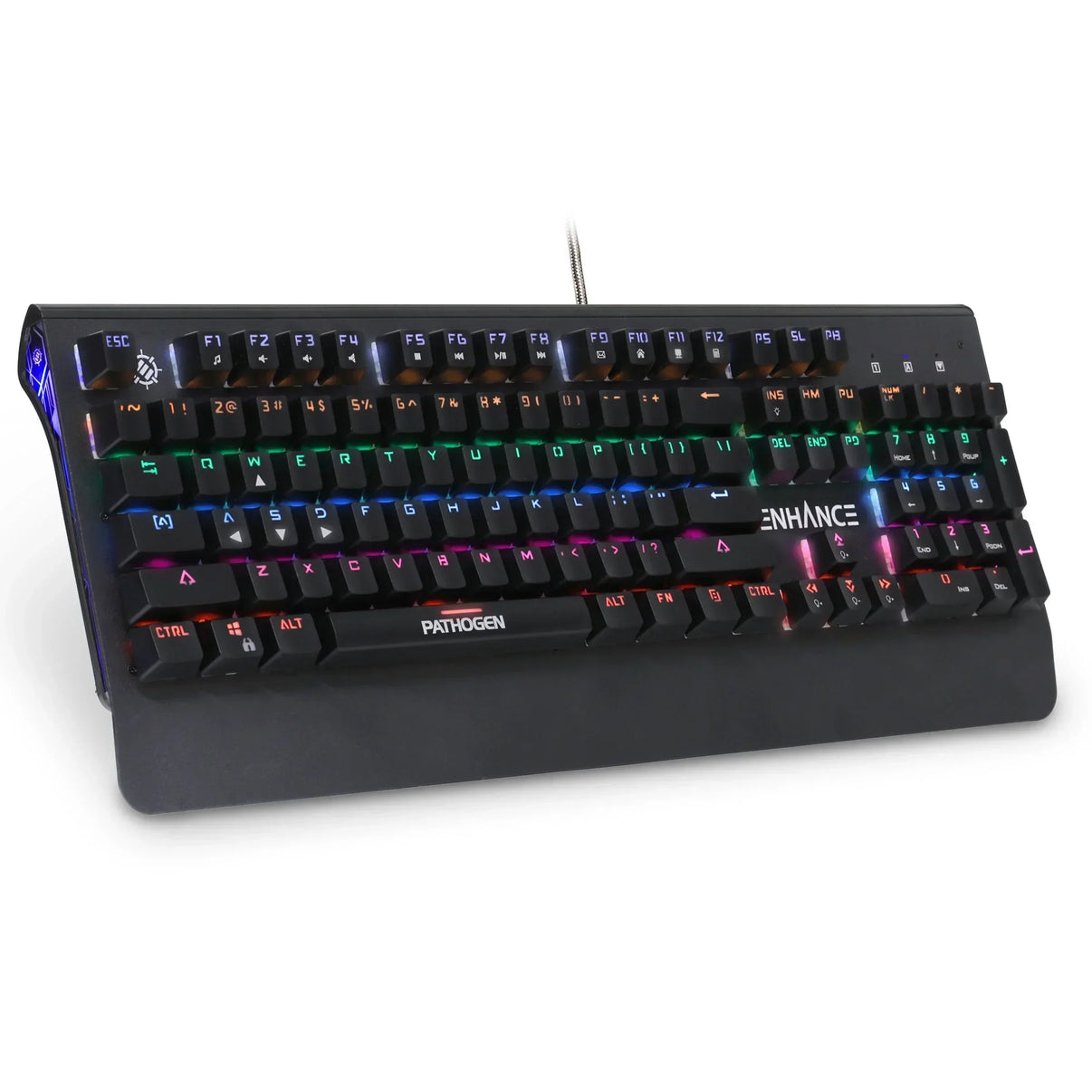 RGB backlit gaming keyboard with black keys, Enhance Pathogen branding, retro 8-bit style.