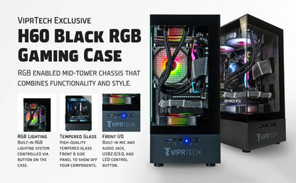 Black mid-tower RGB gaming PC case with tempered glass and customizable LED lighting.