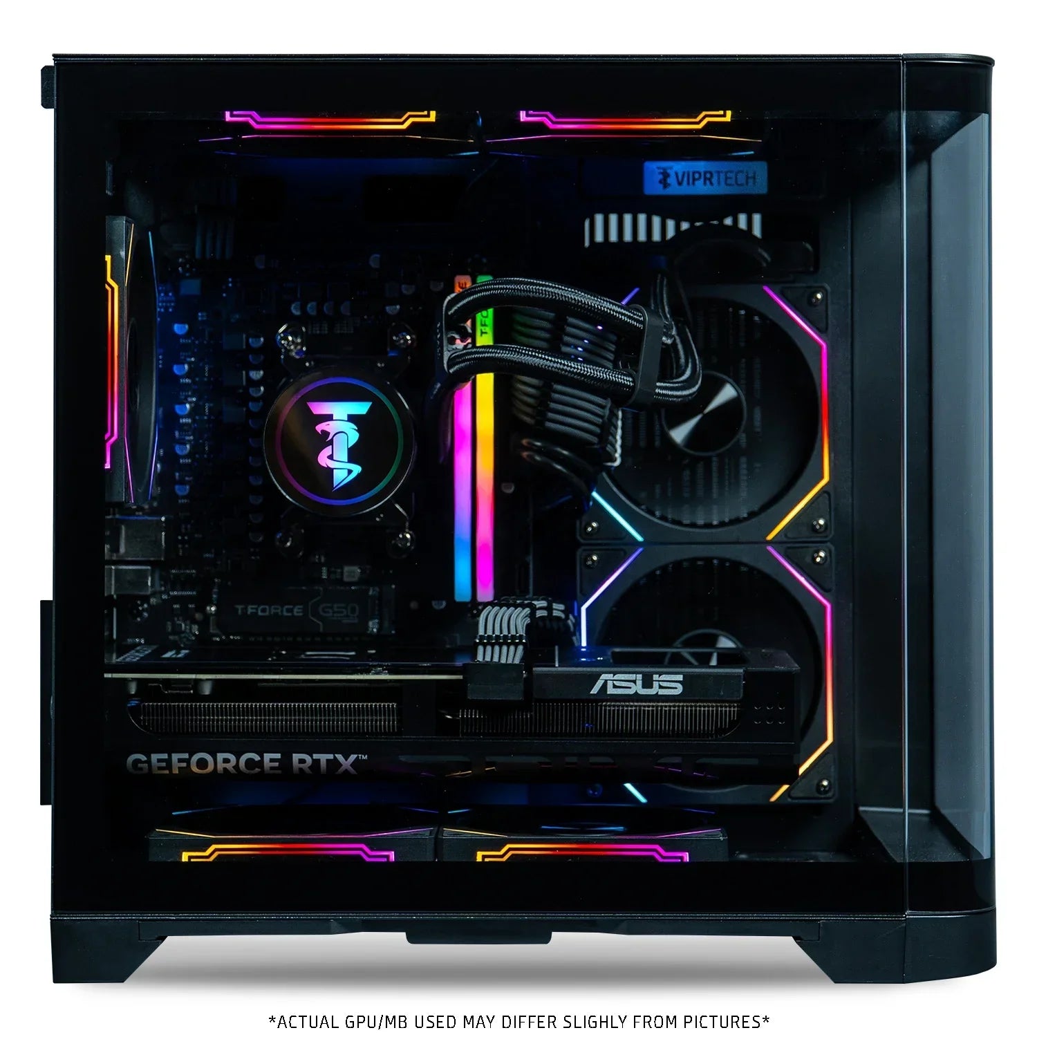 Gaming PC with ASUS GeForce RTX graphics card, VIPRTECH cooling, colorful RGB lighting inside black case