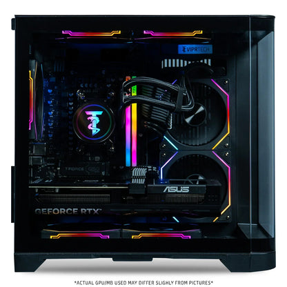 Gaming PC with ASUS GeForce RTX graphics card, VIPRTECH cooling, colorful RGB lighting inside black case