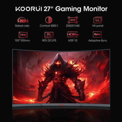 Koorui 27-inch curved gaming monitor with 2560x1440 QHD, 180Hz refresh, VA panel, HDR10