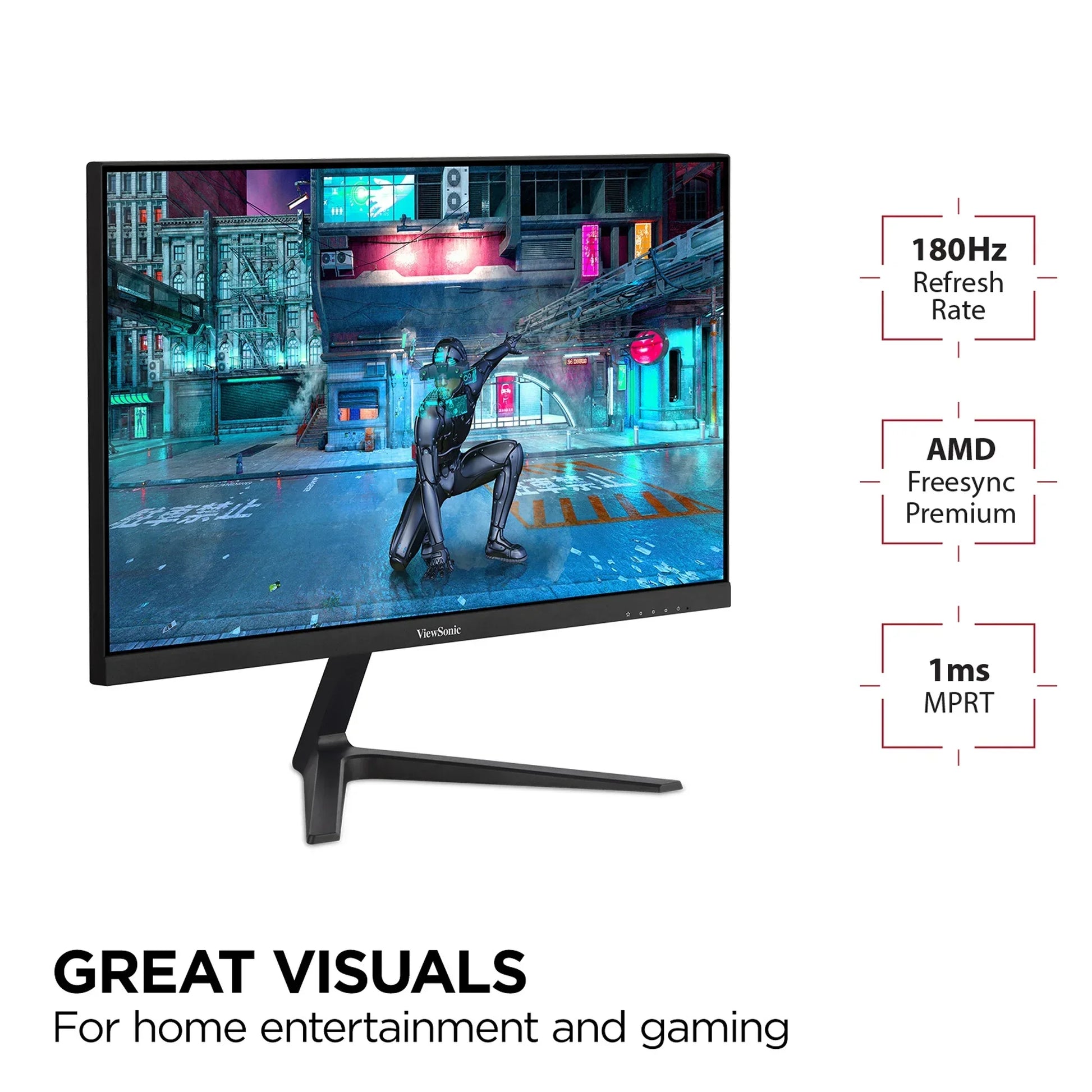 ViewSonic gaming monitor with cyberpunk-themed game scene, 180Hz refresh rate, AMD Freesync, 1ms response
