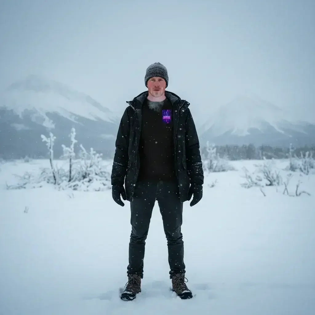 Man wearing black winter jacket, knit hat, gloves, and boots standing in snowy landscape with mountains and fog