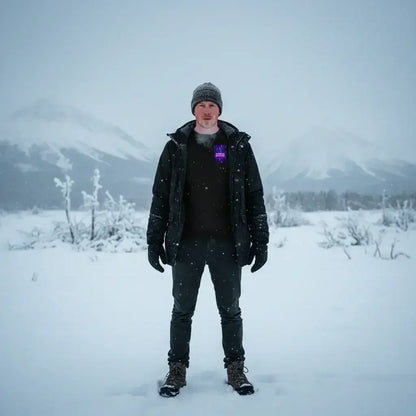 Man wearing black winter jacket, knit hat, gloves, and boots standing in snowy landscape with mountains and fog