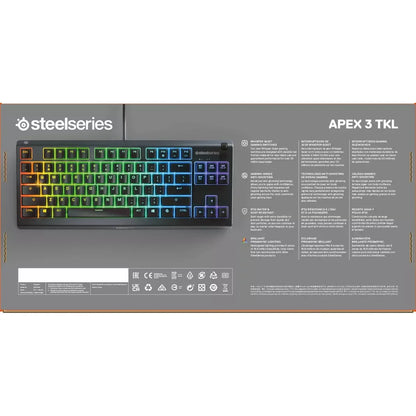 SteelSeries Apex 3 TKL gaming keyboard with RGB backlighting on product packaging