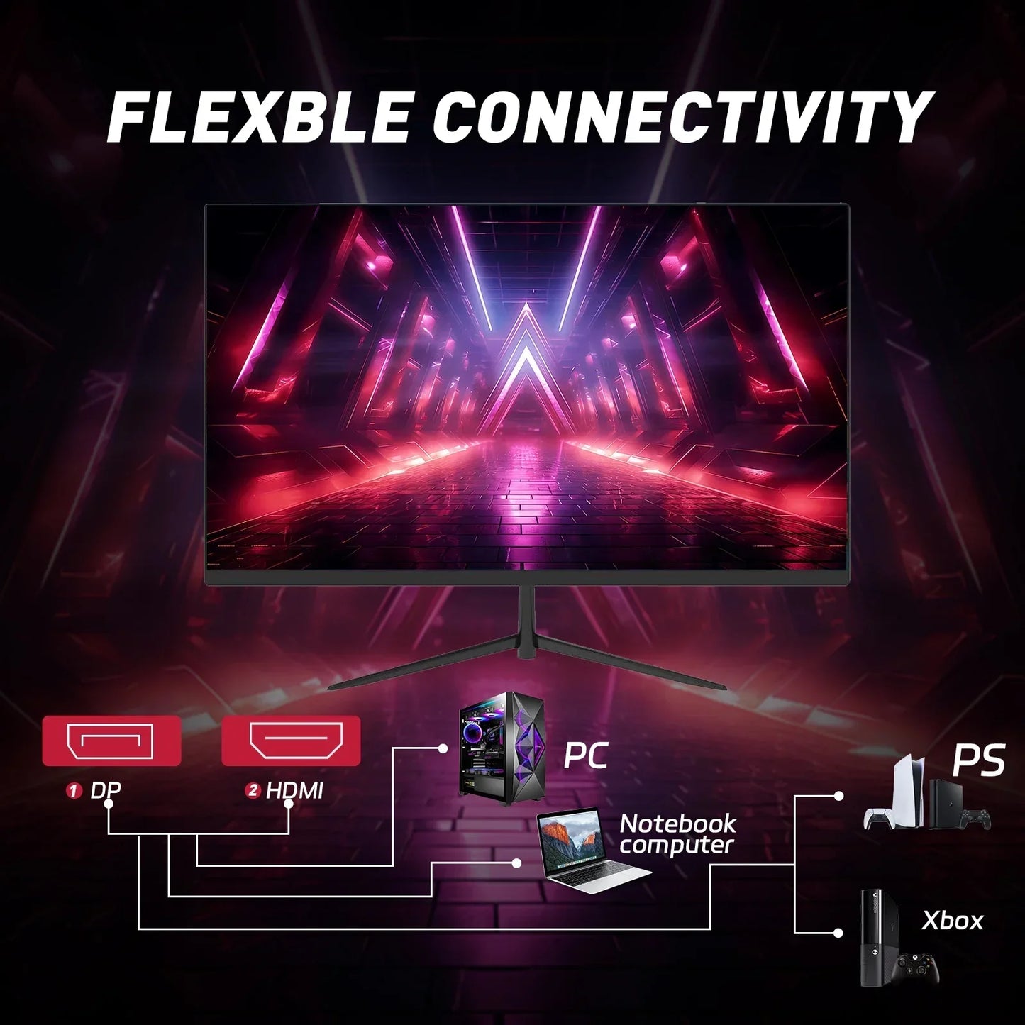 Gaming monitor with flexible connectivity for PC, notebook, PlayStation, and Xbox via DP and HDMI