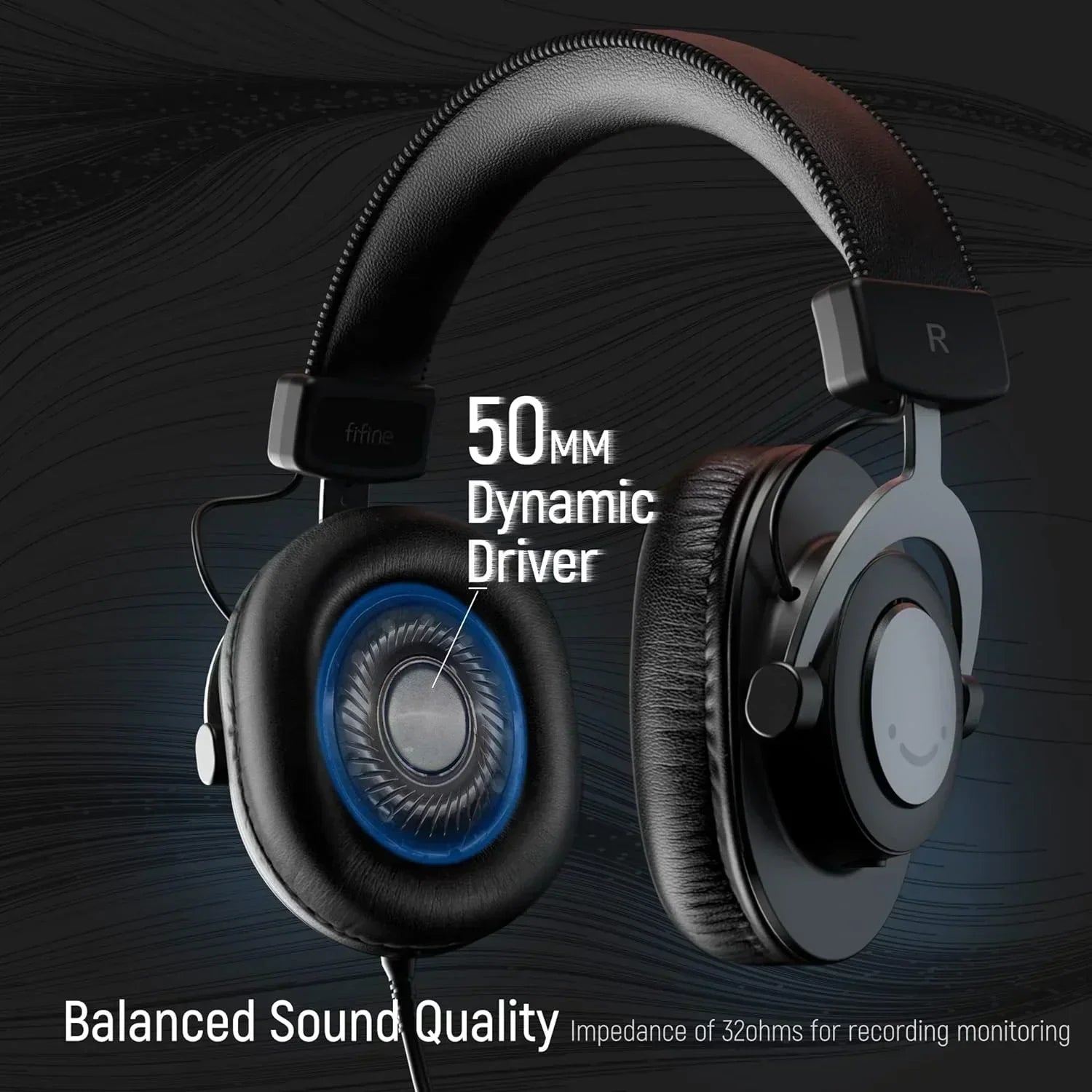 Over-ear headphones with 50mm dynamic driver, balanced sound quality, black design