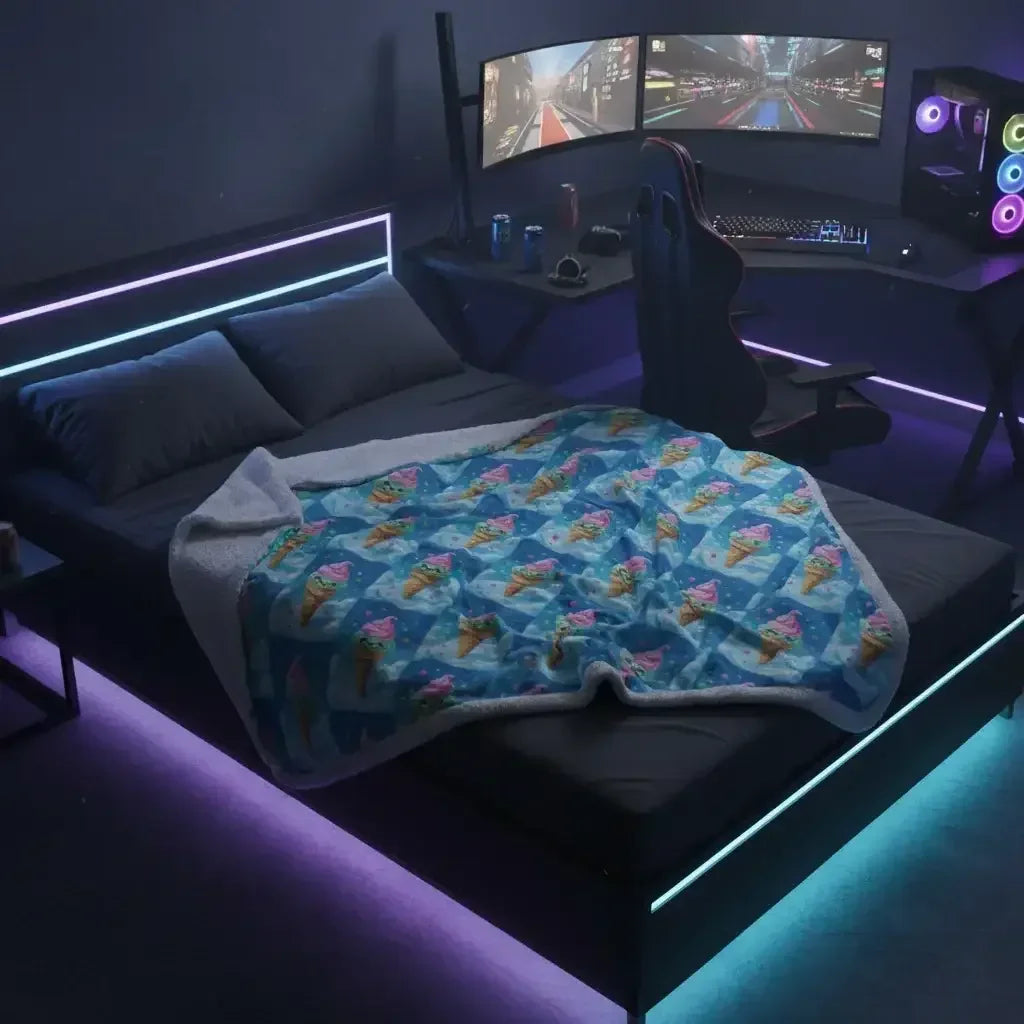 Modern bedroom with LED-lit bed, ice cream print blanket, gaming setup with dual monitors and RGB PC