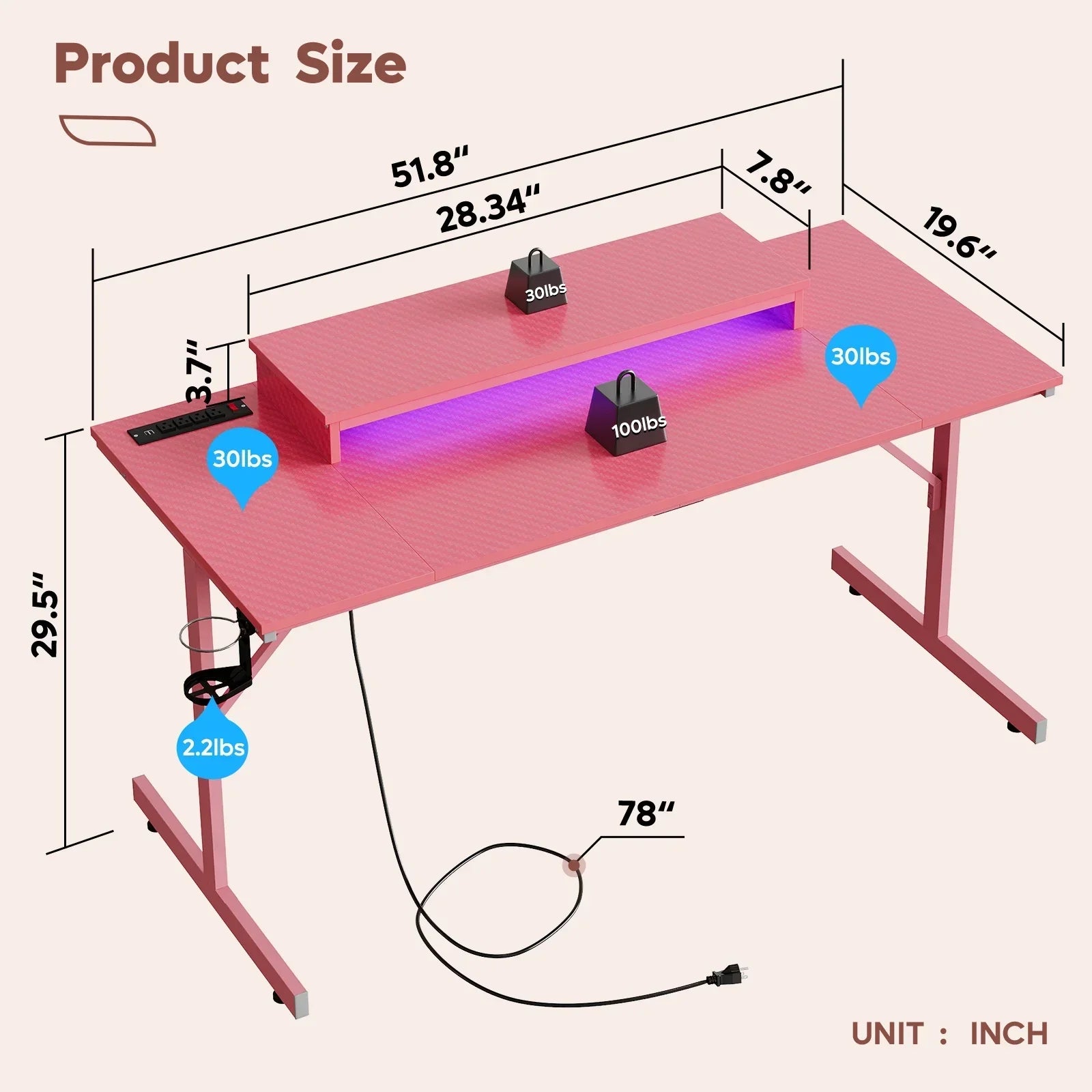 Pink gaming desk with LED lights, power strip, dimensions and weight capacities labeled