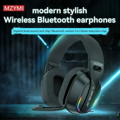 Modern wireless gaming headset with microphone, Bluetooth 5.4, noise reduction, RGB lighting.