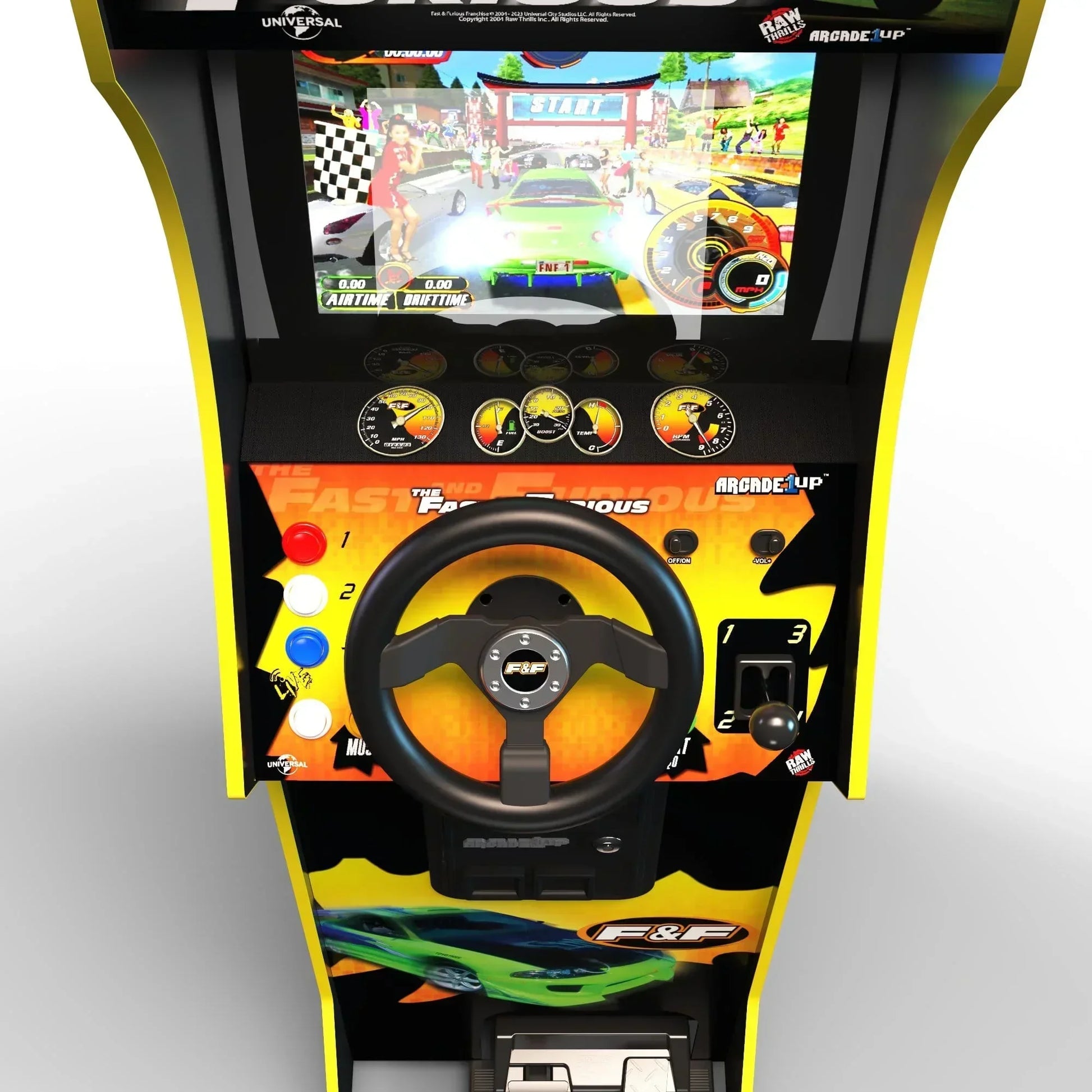 Retro 8-bit style Fast & Furious arcade racing game cabinet with steering wheel and vibrant graphics