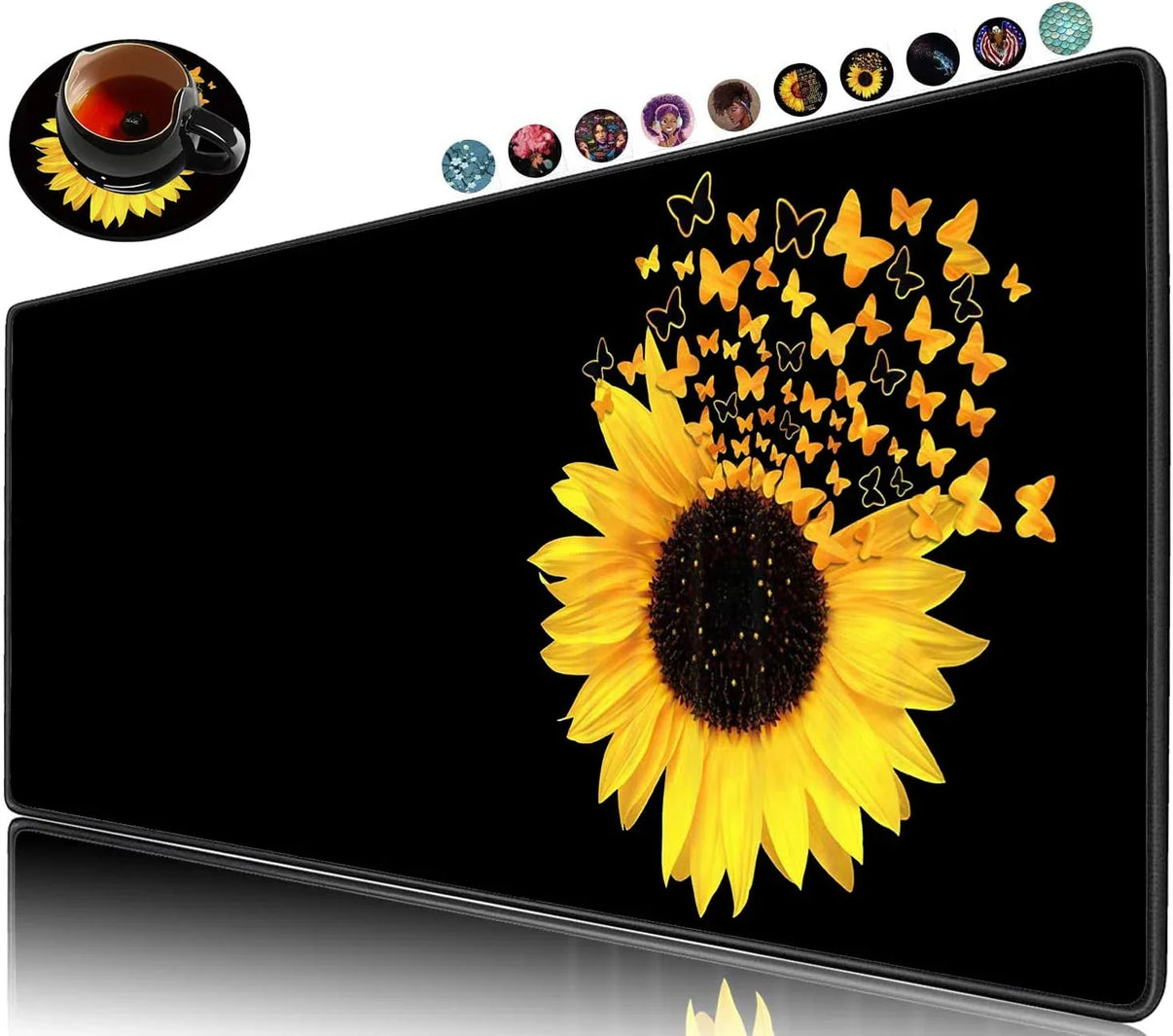 Black gaming mouse pad with vibrant sunflower design and butterflies flying from petals, cup with sunflower coaster
