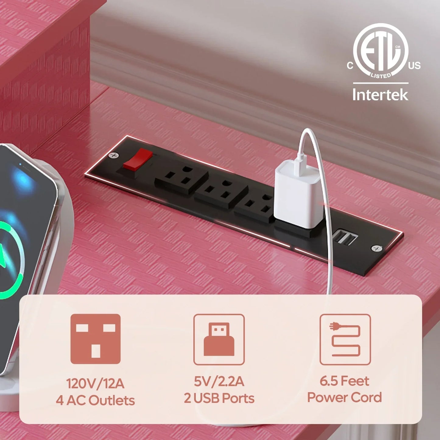 Black power strip with 4 AC outlets, 2 USB ports, and a white charging adapter on pink surface