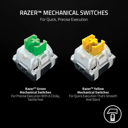 Razer green and yellow mechanical keyboard switches for gaming, quick tactile or silent execution.
