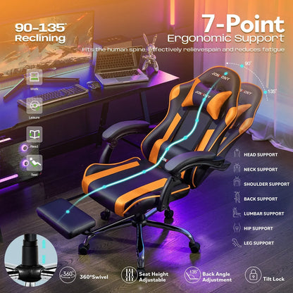Ergonomic black and orange reclining gaming chair with adjustable footrest in modern gaming setup