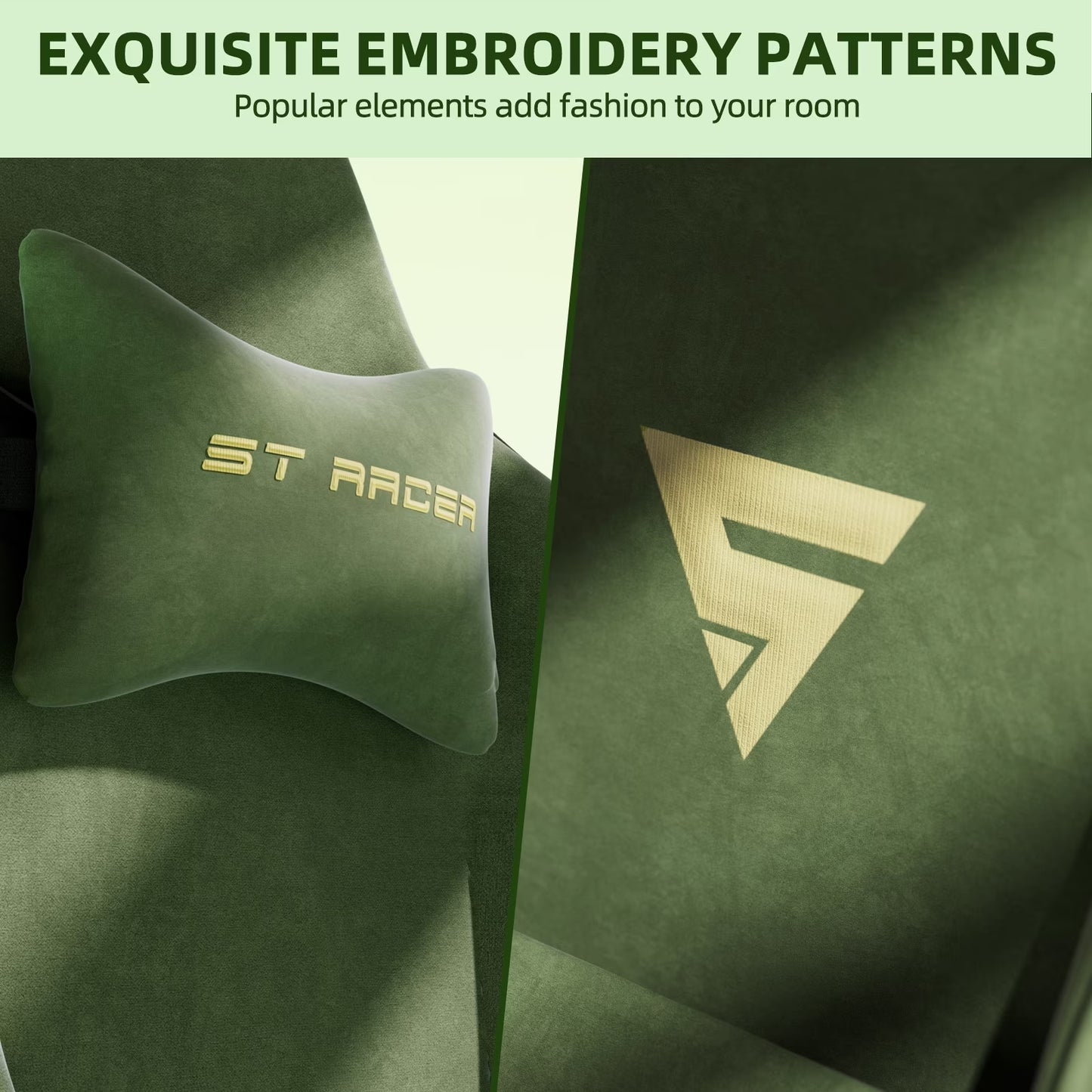 Green gaming chair with ST RACER embroidered neck pillow and logo detail for stylish setup