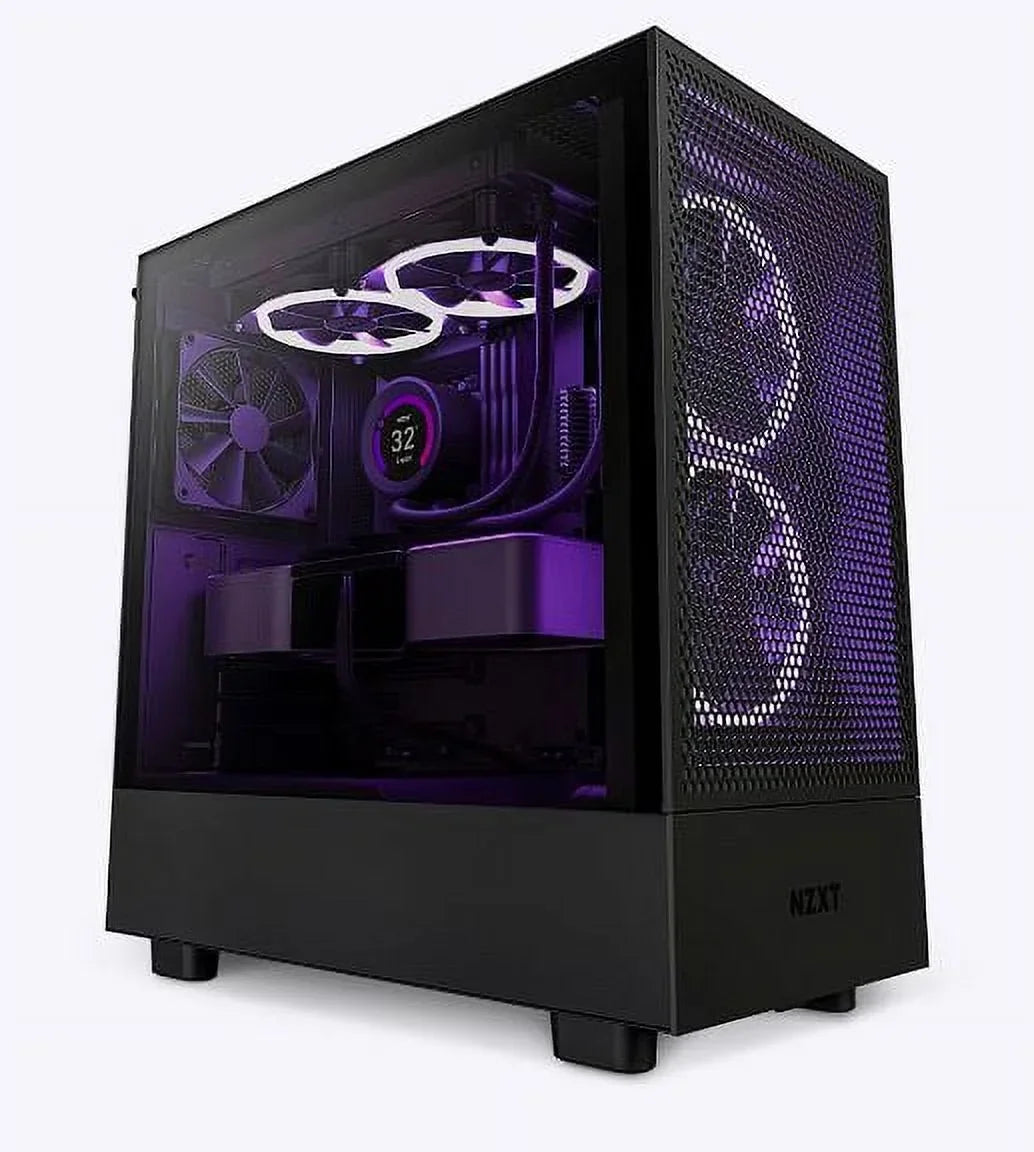 NZXT black PC gaming case with mesh front and purple RGB cooling fans inside