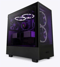 NZXT black PC gaming case with mesh front and purple RGB cooling fans inside