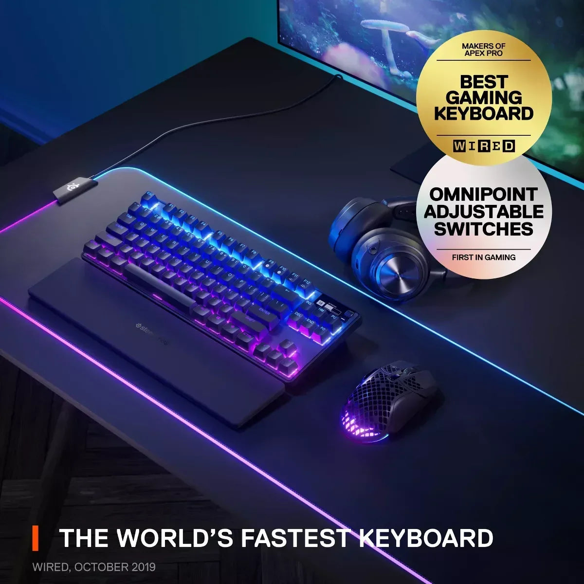 RGB gaming keyboard, mouse, and headset on desk, Byte Style modern gaming gear setup