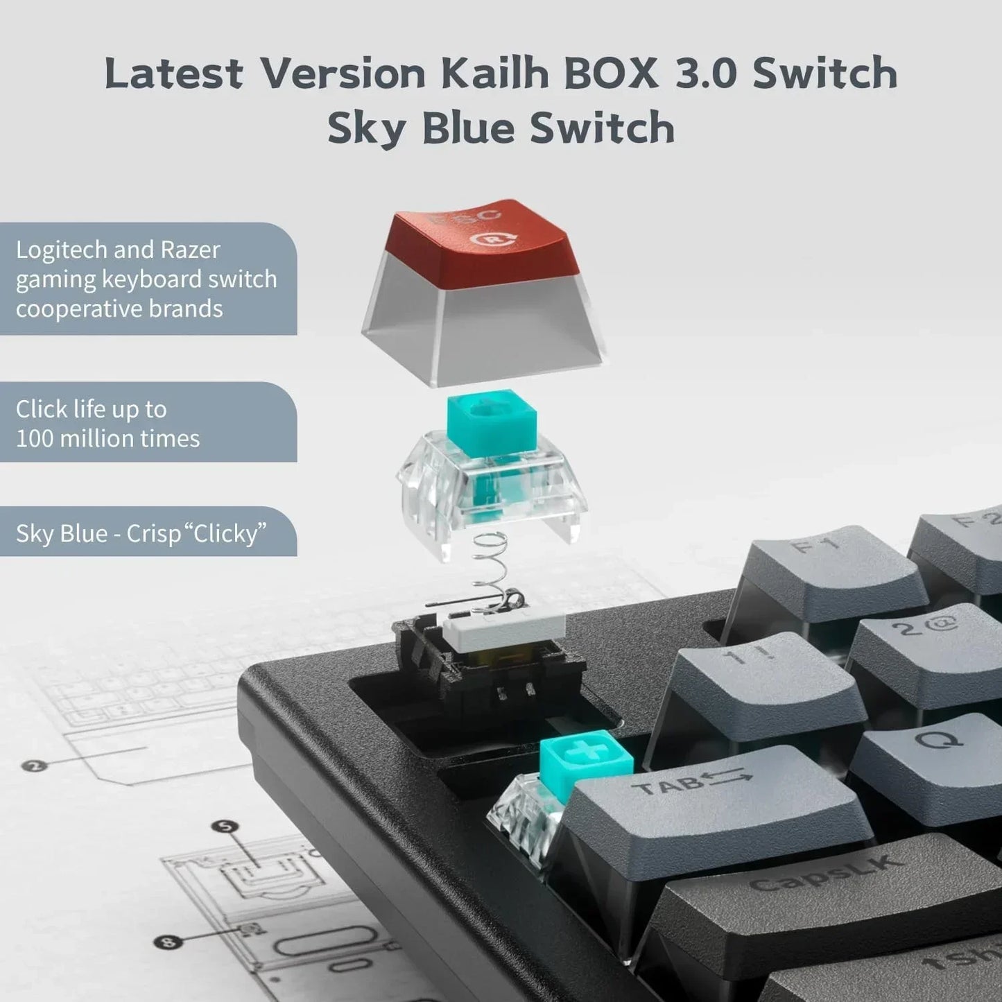 Kailh BOX 3.0 Sky Blue switch mechanical keyboard keycap exploded view, for gaming.