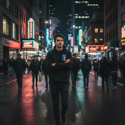 Young man in black hoodie walking on vibrant city street at night with neon lights and crowd