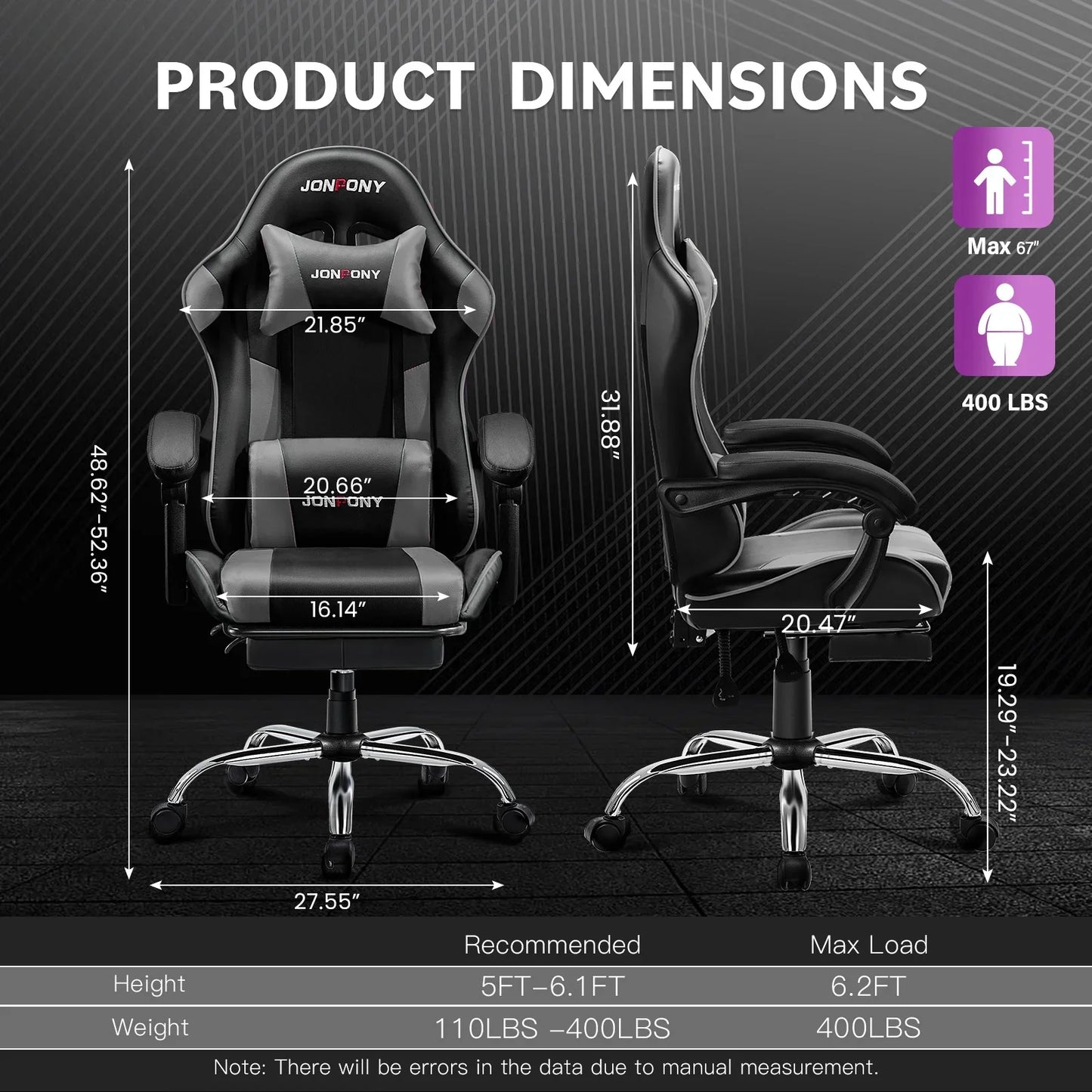 Black and gray JonPony gaming chair with detailed product dimensions and recommended user height and weight limits