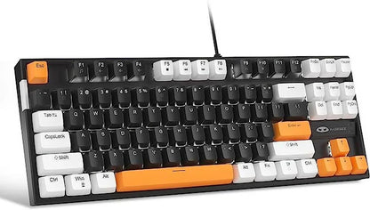 Retro 8-bit style mechanical gaming keyboard with black, white, and orange keycaps