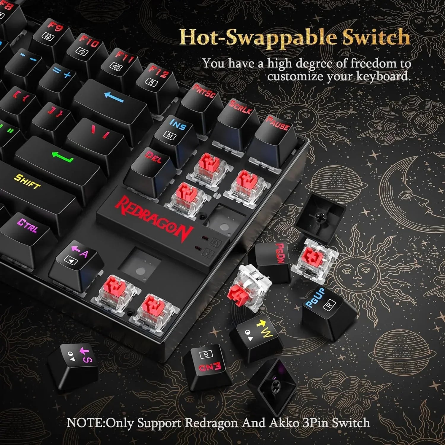 Redragon gaming keyboard with hot-swappable switches and colorful keycaps on celestial desk mat