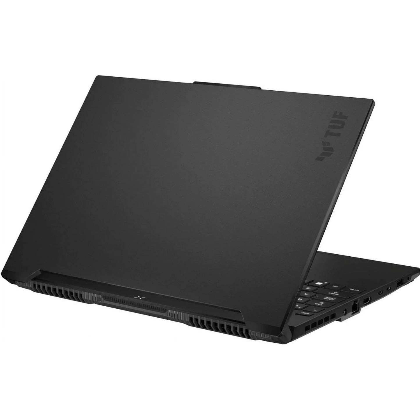 Black gaming laptop partially open with TUF branding, rear ventilation and visible side ports