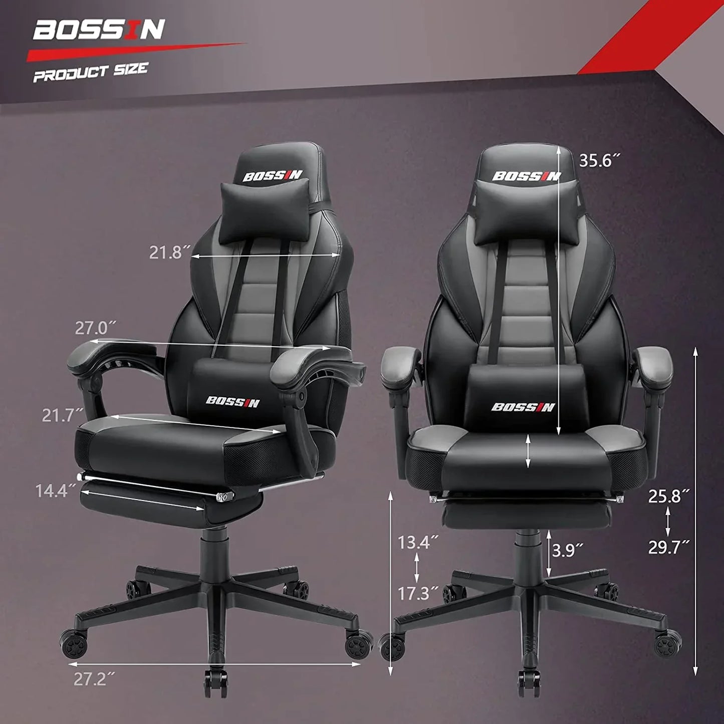 Bossin black ergonomic gaming chair with adjustable lumbar support, footrest, and caster wheels, detailed dimensions