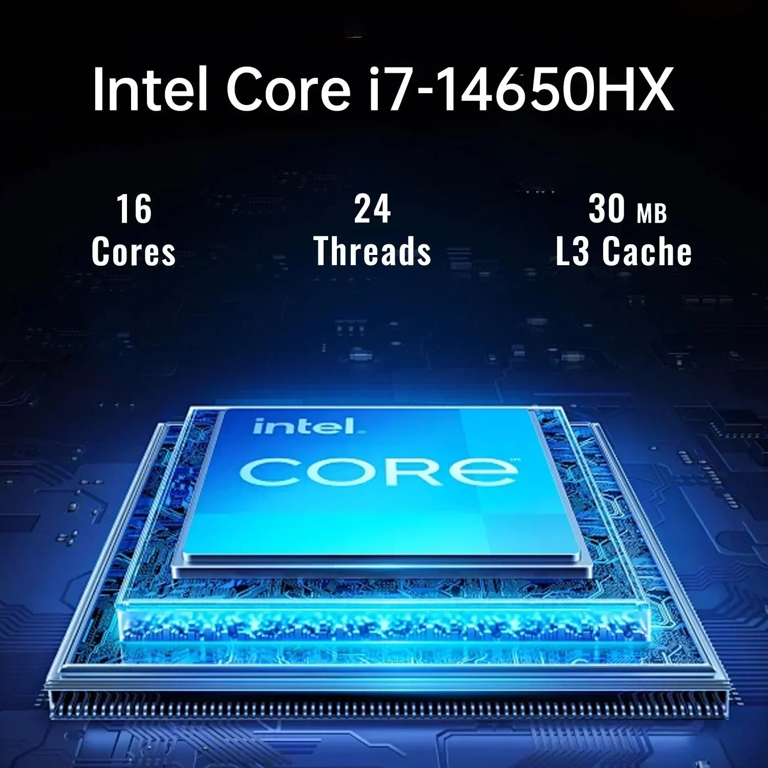 Intel Core i7-14650HX CPU with 16 cores, 24 threads, and 30MB L3 cache on a tech background