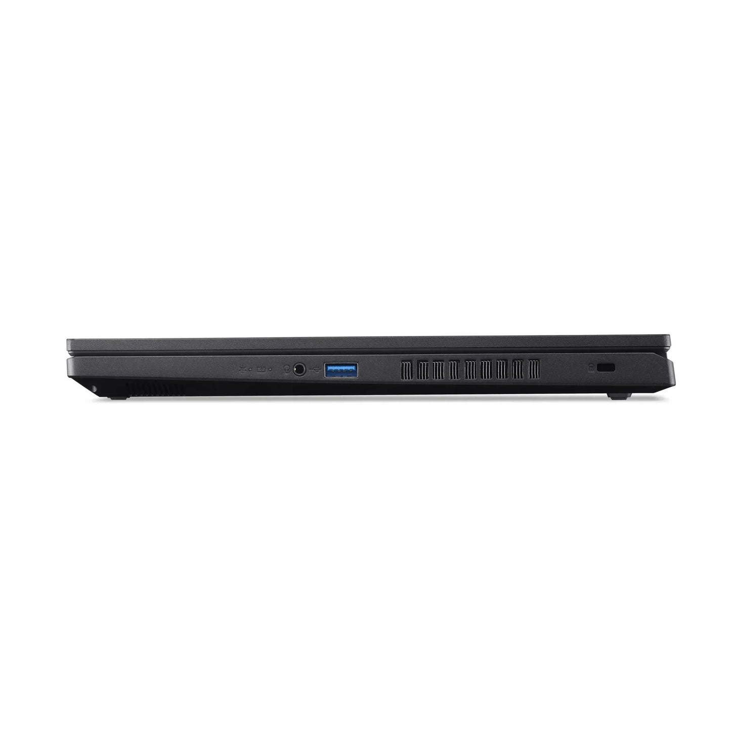 Side view of slim black gaming laptop closed with USB and headphone ports visible
